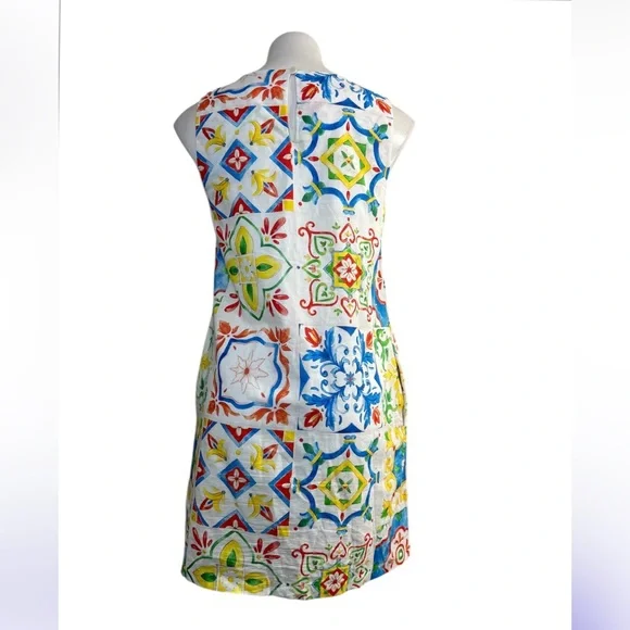 Prosperina Catania Sicilian Tile Print Shift Dress xs sleeveless linen blend - Picture 3 of 6